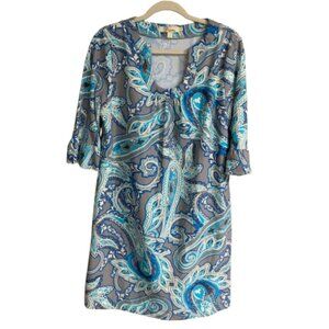 Aryeh Blue Paisley Large Scoop Neck 3/4 Sleeve Anthropologie Resort Wear Dress